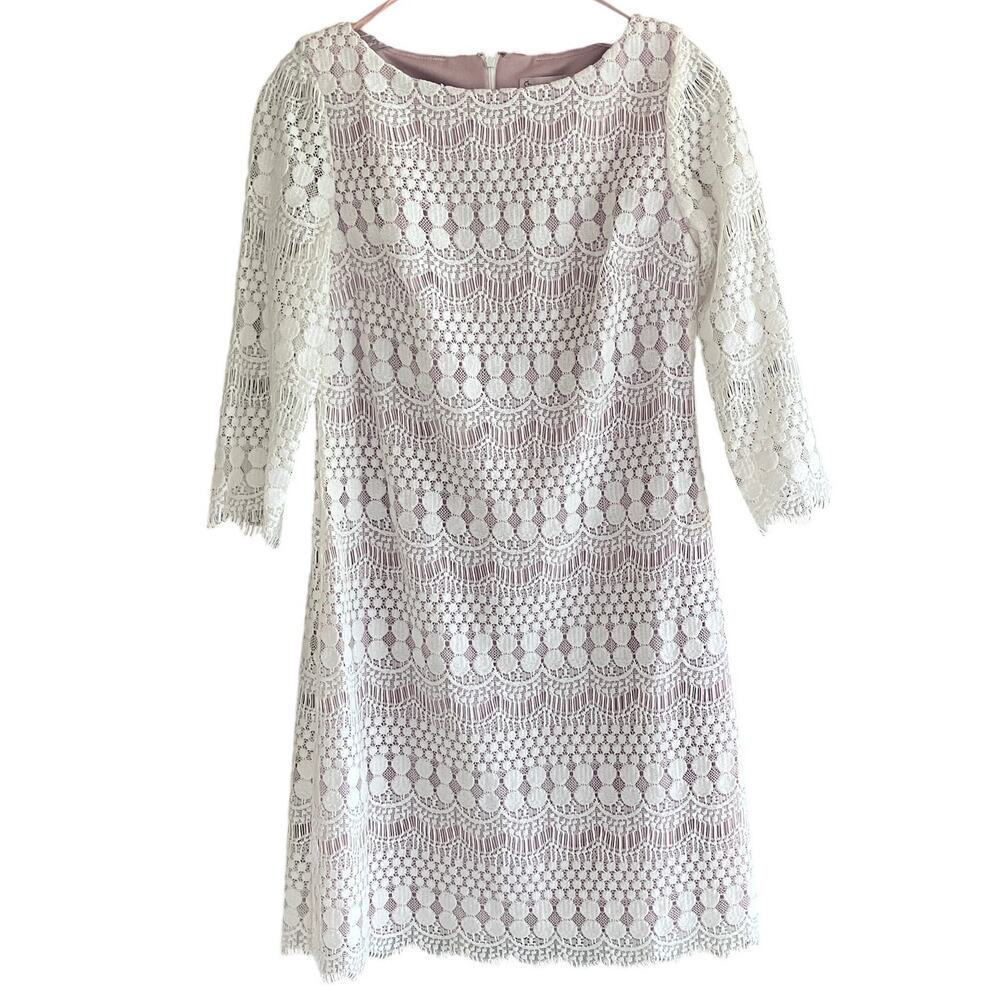 Cream Lace Dress 3/4 Sleeves Preppy Cocktail Zip Back 4 DB Established 1962